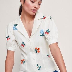 Monsoon Piera Cotton Linen Embroidered Floral Puff Sleeve Blouse